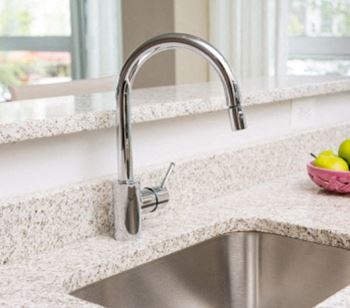 A Grohe gooseneck faucet and under-mounted sink